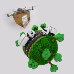 Visual representation of a drone transporting a package over a green, grass-covered planet, symbolizing sustainable delivery methods.