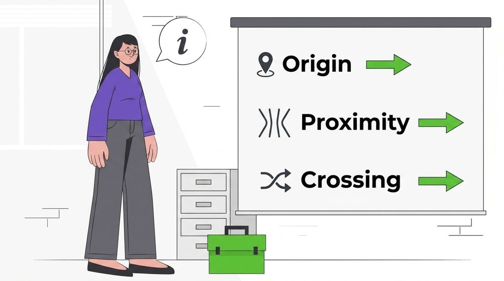 Illustration explaining the term "forward-deployed" via origin, proximity, and crossing concepts