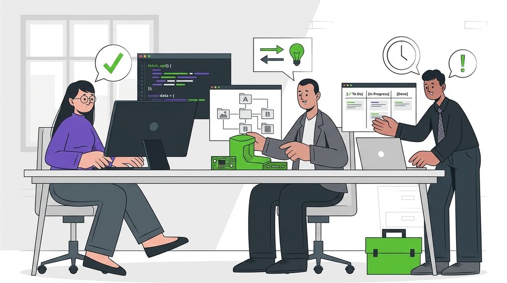 Illustration of engineers collaborating on code, diagrams, and a kanban board, symbolizing FDE skills